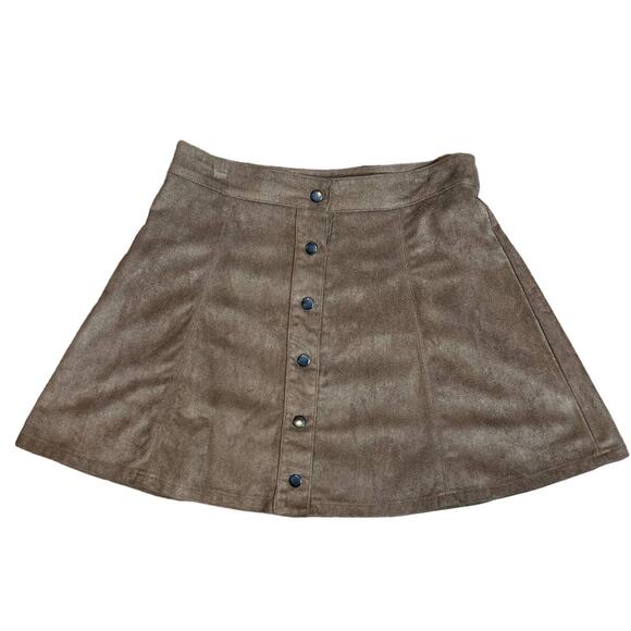 Brown Microsuede A-Line Skirt Snap Front Medium Boho Chic Hippie Western Fall - Picture 1 of 6